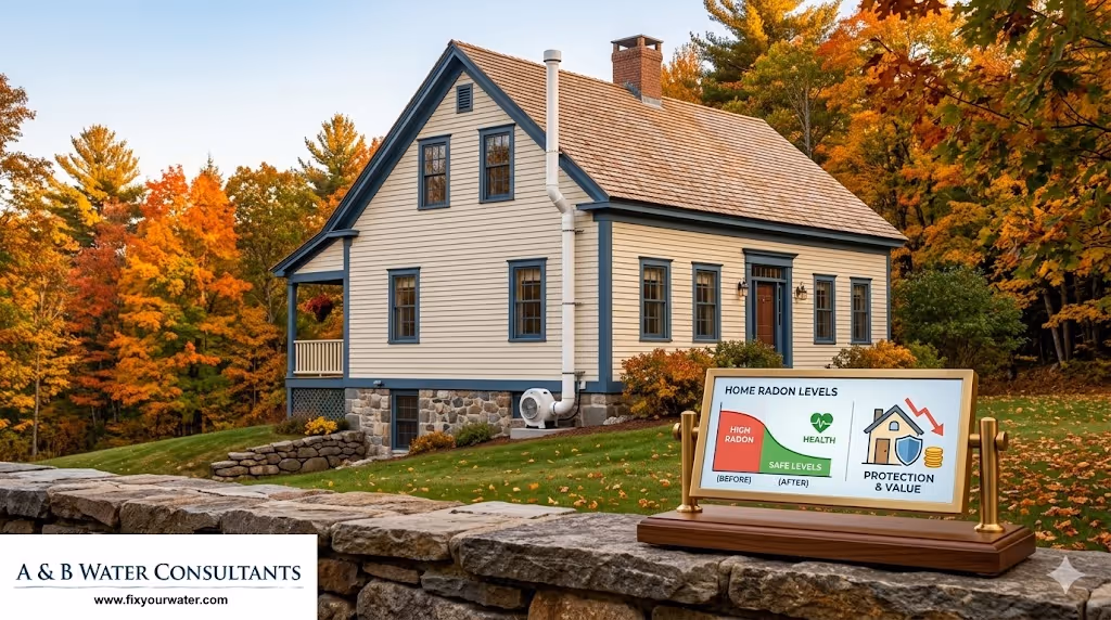 A detailed view of a rural home with a tall white radon mitigation ventilation pipe running up the side, set against a rolling landscape of vibrant autumn trees. In the foreground on a stone wall, a device on a wooden stand displays an infographic about 'HOME RADON LEVELS