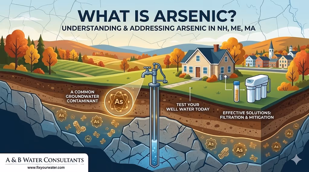 An educational infographic titled "WHAT IS ARSENIC? UNDERSTANDING & ADDRESSING ARSENIC IN NH, ME, MA". The top half depicts a residential house in a rural landscape with a water well pump. The bottom half shows an underground cross-section of soil and bedrock layers filled with glowing "As" (arsenic) symbols