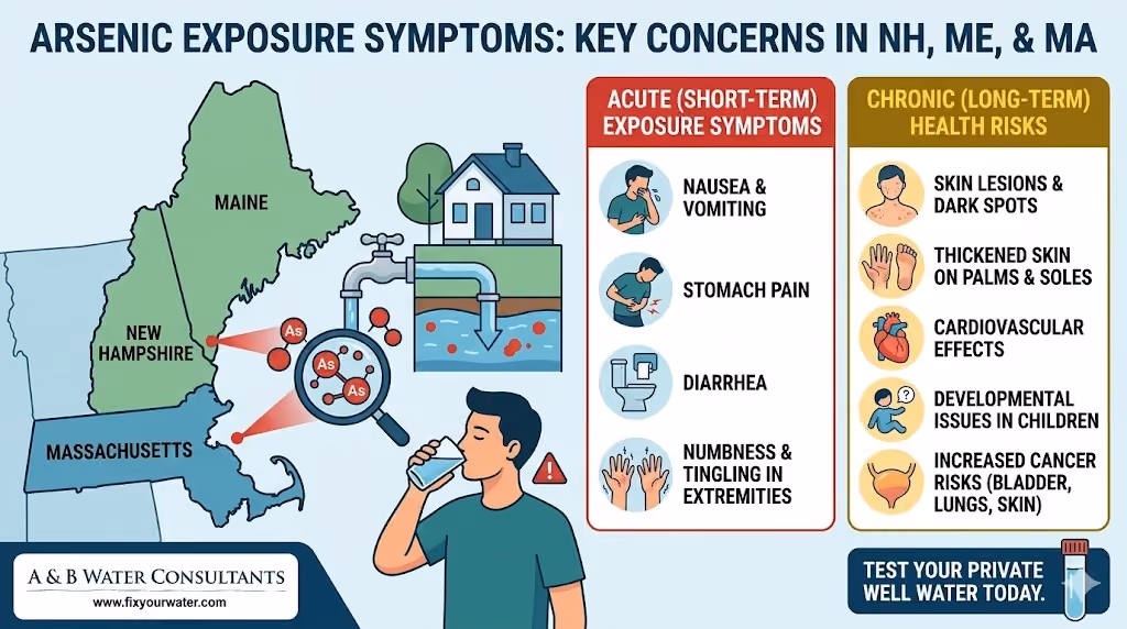 An infographic titled "ARSENIC EXPOSURE SYMPTOMS: KEY CONCERNS IN NH, ME, & MA". The left side features a map highlighting Maine, New Hampshire, and Massachusetts, a graphic of a well water system, and a man drinking a glass of water next to a warning icon