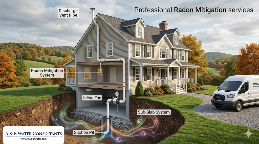 detailed 3D infographic illustrating a residential radon mitigation system by A & B Water Consultants. An architectural rendering of a multi-story house is shown in a cross-section, revealing the ground below. Radon gas (labeled 'Rn') is collected from a 'Suction Pit' beneath the foundation and drawn through a 'Sub-Slab System' by an 'Inline Fan' in the basement