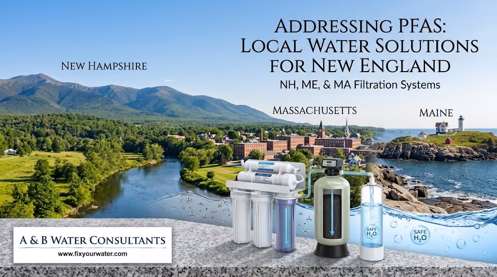 A promotional graphic for New England water filtration, featuring a multi-stage water filtration system on a granite surface. The background is a composite landscape showing New Hampshire mountains, a historic Massachusetts town, and a rocky Maine lighthouse coast.