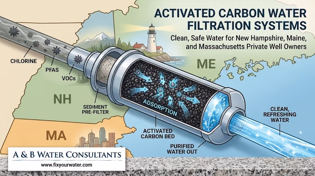 infographic titled 'ACTIVATED CARBON WATER FILTRATION SYSTEMS' and subtitled 'Clean, Safe Water for New Hampshire, Maine, and Massachusetts Private Well Owners.' The background features a map of these New England states with illustrative icons, including mountains for NH, a city skyline for MA, and a lighthouse for ME. A large cutaway illustration of a multi-stage water filter is in the center, showing 'raw water' entering with labeled contaminants (as stylized germ icons) such as 'CHLORINE,' 'PFAS,' and 'VOCs.'