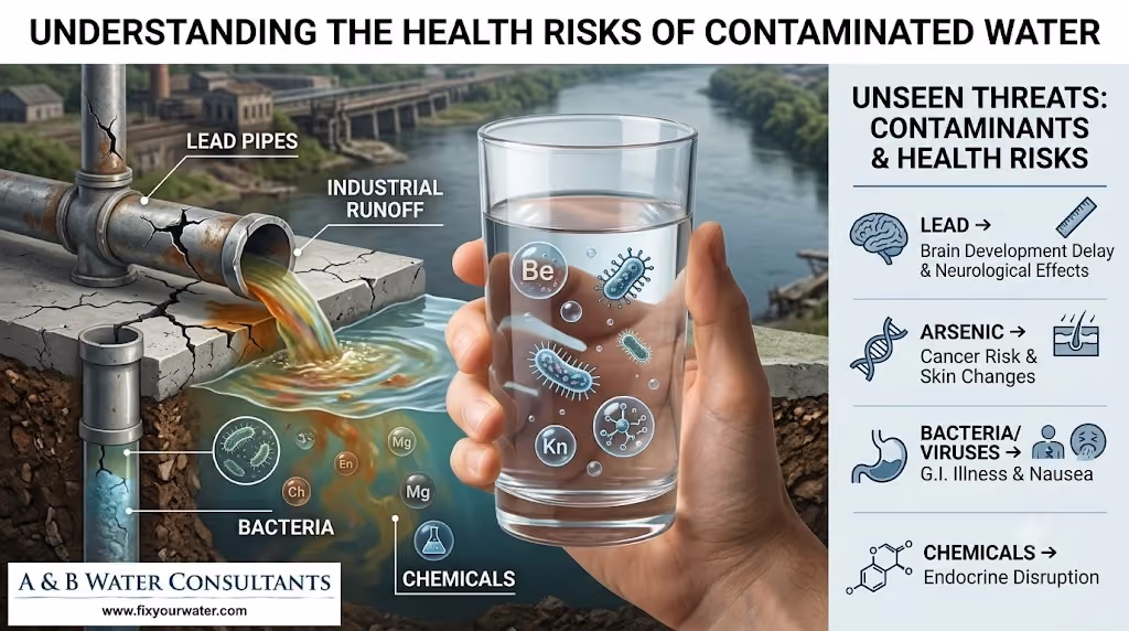 infographic with the main title "UNDERSTANDING THE HEALTH RISKS OF CONTAMINATED WATER." The left side visualizes environmental pollution, showing rusty lead pipes and discolored industrial runoff flowing into a river and groundwater, with sub-surface labels for bacteria. A hand holds up a clear glass of water with magnified microscopic organisms and chemical elements like Be and Kn