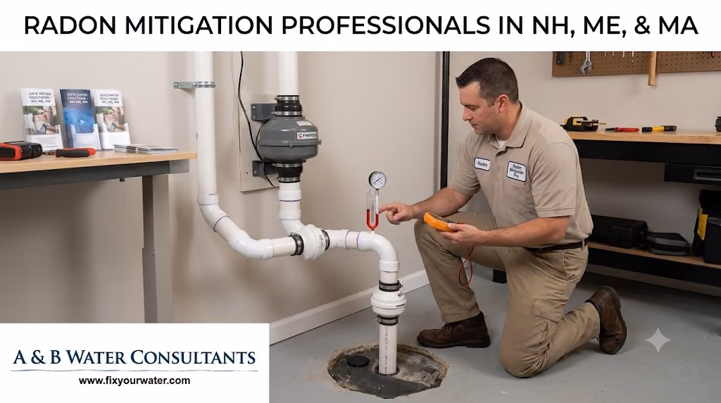 photograph of a male technician in a tan uniform kneels in a tidy basement to inspect and test a newly installed radon mitigation system. He holds a yellow multimeter and is checking a connection on the white PVC piping.