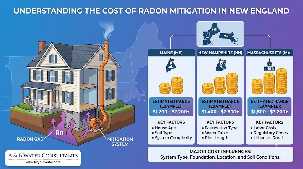 An infographic titled 'Understanding the Cost of Radon Mitigation in New England' by A & B Water Consultants. The left side features a 3D cross-section diagram of a house showing purple radon gas entering the basement and being vented safely above the roof via an orange active mitigation system. The right side displays three columns comparing estimated cost ranges and key price factors
