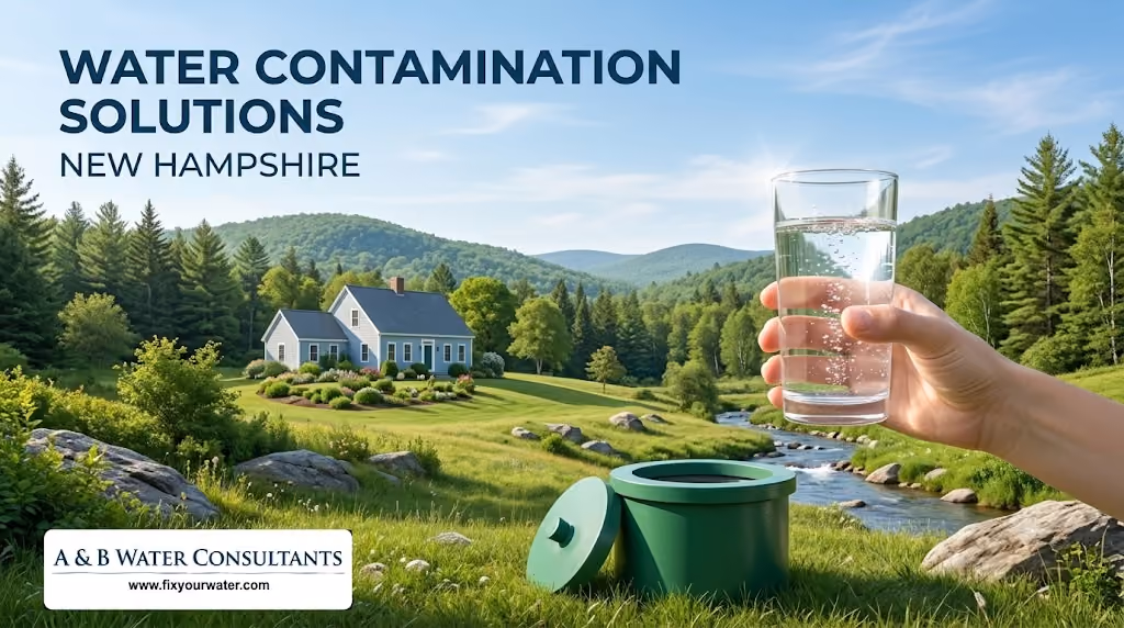 An illustrated landscape of a rural New Hampshire scene with rolling green hills, a forest, and a charming house. In the foreground, a hand holds a glass of clear sparkling water near a green well casing. In the upper left, text reads 'WATER CONTAMINATION SOLUTIONS' above 'NEW HAMPSHIRE'.