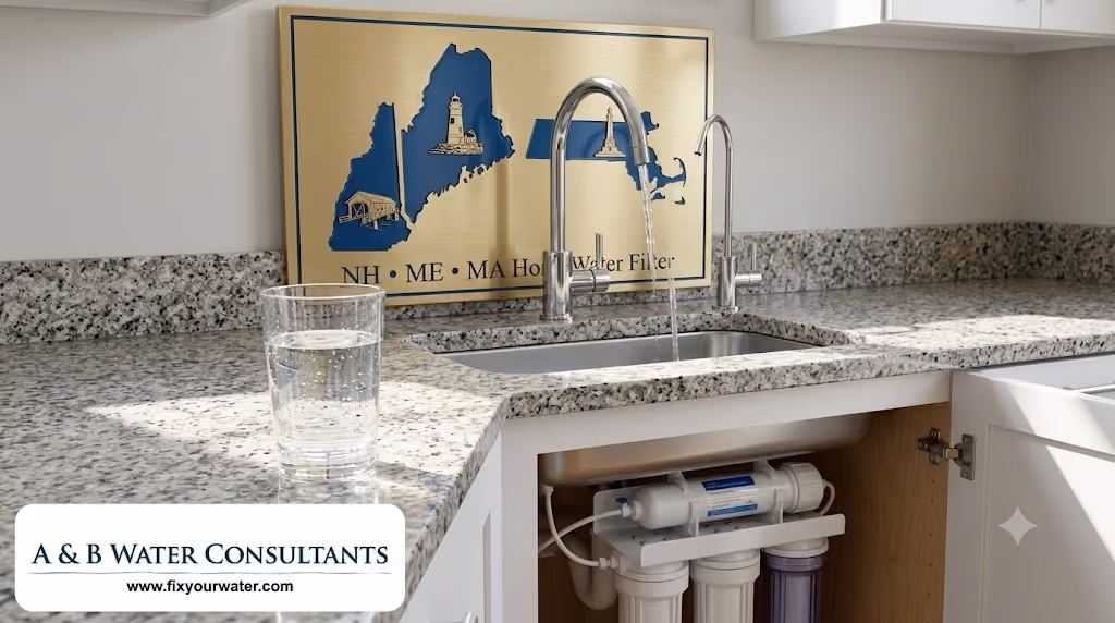 A photograph of a multi-stage under-sink reverse osmosis water filtration system inside an open modern kitchen cabinet. On the granite countertop, a glass of water sits beside a stainless steel sink. Behind the sink, a large golden plaque with map outlines and state icons (like Nubble Lighthouse) displays the text 'NH • ME • MA Home Water Filter'.