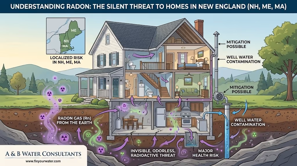 An infographic illustration titled 'Understanding Radon: The Silent Threat to Homes in New England (NH, ME, MA)'. It features a cutaway view of a detailed New England-style house with a full basement. On the left, an inset map of the three states is labeled 'Localized Risk.'