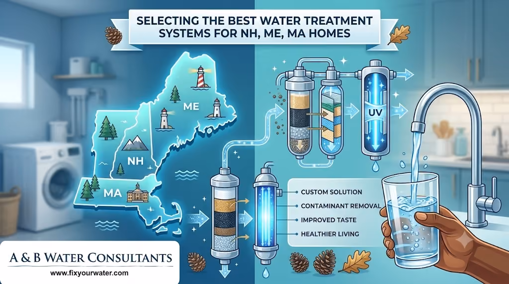 An infographic from A & B Water Consultants titled 'SELECTING THE BEST WATER TREATMENT SYSTEMS FOR NH, ME, MA HOMES'. On the left is a map of Maine, New Hampshire, and Massachusetts with regional icons. Water flows from the map into detailed illustrations of multi-stage water filtration and UV purification systems.