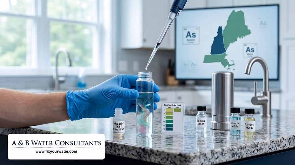 A gloved hand conducts an arsenic water test using a pipette and sample vials on a kitchen countertop, with a New England map on a background screen