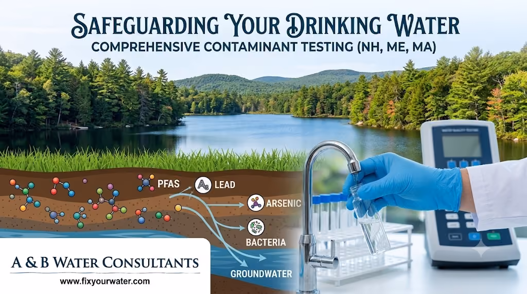A comprehensive infographic-style image illustrating the importance of water contaminant testing. The upper part displays a serene landscape of a New England lake and forest with the titles 'Safeguarding Your Drinking Water' and 'Comprehensive Contaminant Testing (NH, ME, MA)'. The lower portion features a split view.