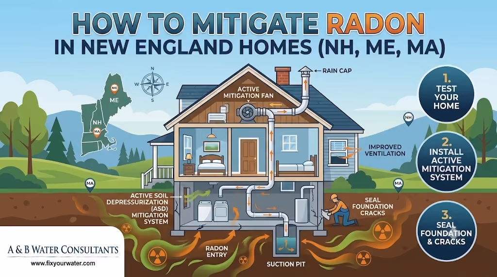 infographic titled 'HOW TO MITIGATE RADON IN NEW ENGLAND HOMES (NH, ME, MA)'. It displays a detailed cross-section of a house with a map of ME, NH, and MA in the background. A central diagram shows an active mitigation fan in the attic connected by vent pipes with a rain cap to a suction pit under the basement slab. Swirling arrows show 'Radon Entry' from the soil being drawn into the pit and vented out of the house