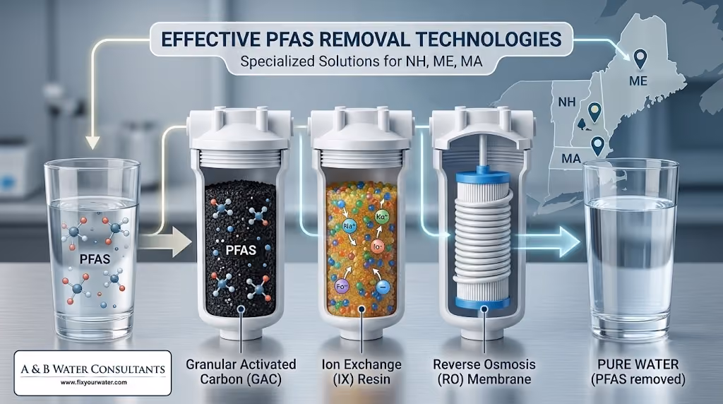 infographic titled 'EFFECTIVE PFAS REMOVAL TECHNOLOGIES' for New Hampshire, Maine, and Massachusetts. The diagram illustrates a sequential water treatment process from glasses of 'PFAS'-contaminated water through three cutaway filter housings, each using a different technology