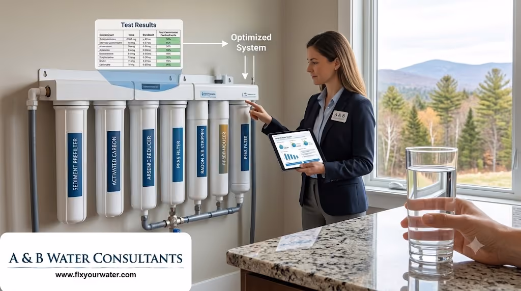 A water quality consultant holding a tablet points to a custom multi-stage home filtration system with canisters labeled for sediment, carbon, arsenic, PFAS, and radon
