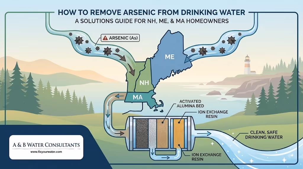 Infographic titled "How to Remove Arsenic from Drinking Water: A Solutions Guide for NH, ME, & MA Homeowners." Illustrates a map of New Hampshire, Maine, and Massachusetts with water containing arsenic particles entering a multi-stage filtration system