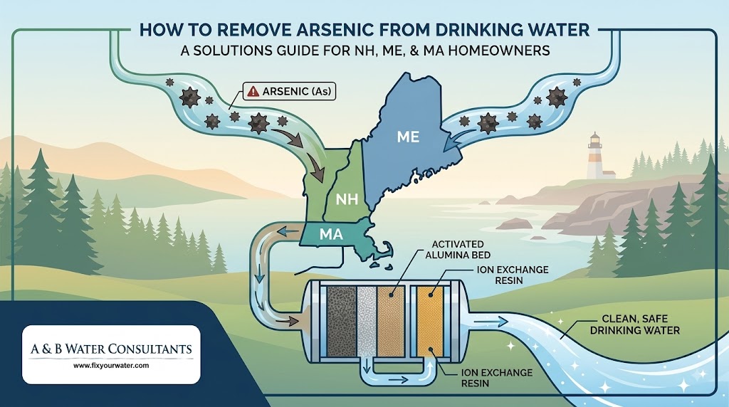 Infographic titled "How to Remove Arsenic from Drinking Water: A Solutions Guide for NH, ME, & MA Homeowners." Illustrates a map of New Hampshire, Maine, and Massachusetts with water containing arsenic particles entering a multi-stage filtration system