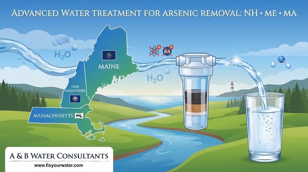`An infographic illustrating water treatment for arsenic removal across Maine, New Hampshire, and Massachusetts, showing water flowing through a filtration system into a clean glass