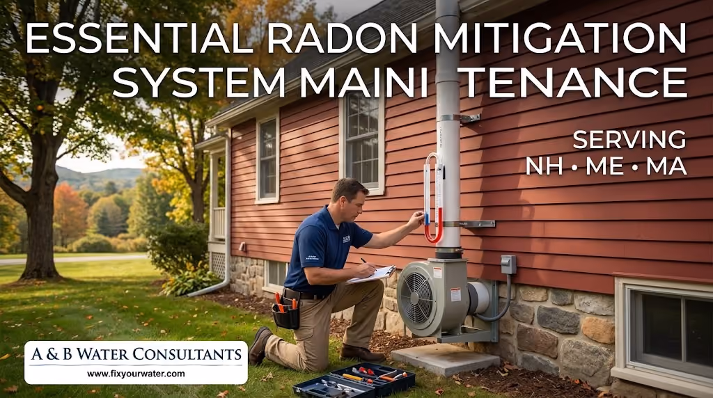 technician inspecting an exterior radon mitigation system fan and manometer on a residential home, with text reading "Essential Radon Mitigation System Maintenance"