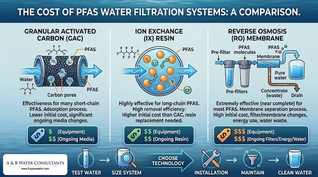 infographic titled 'THE COST OF PFAS WATER FILTRATION SYSTEMS: A COMPARISON' compares three different technologies across three main columns. 