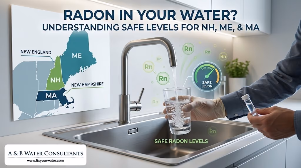 Kitchen scene with water flowing from a faucet into a glass, featuring a map highlighting ME, NH, and MA, text reading "Radon in Your Water?", a safety gauge, and the A & B Water Consultants logo in the bottom left.