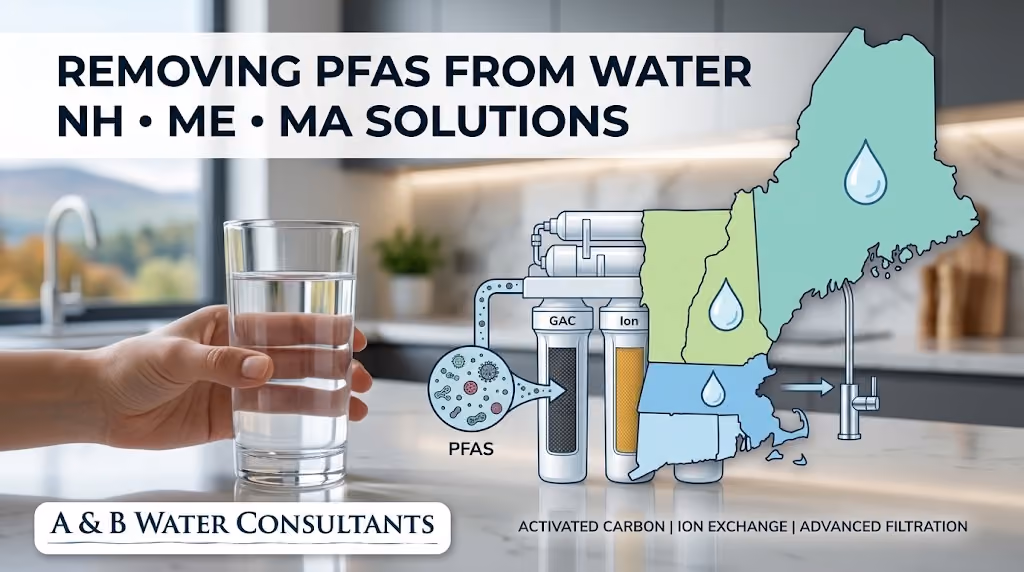 kitchen infographic showing water with "REMOVING PFAS FROM WATER: NH • ME • MA SOLUTIONS" text. A hand holds a clear glass. Filtration system diagram removes PFAS particles. Map highlights NH, ME, MA