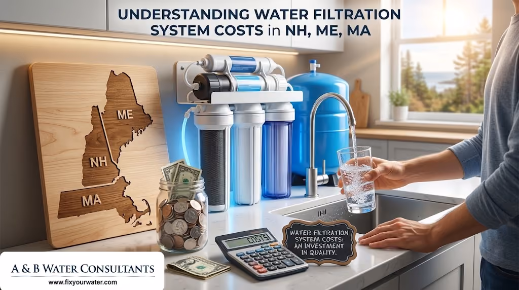 Illustration in a kitchen showing a water filtration system and glass of water. Text: "UNDERSTANDING WATER FILTRATION SYSTEM COSTS IN NH, ME, MA". Features a state map, money jar, and A&B Water Consultants logo