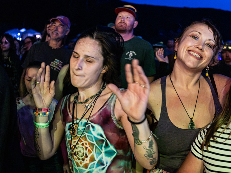 Festivalgoers dancing with their hands raised at a nighttime show