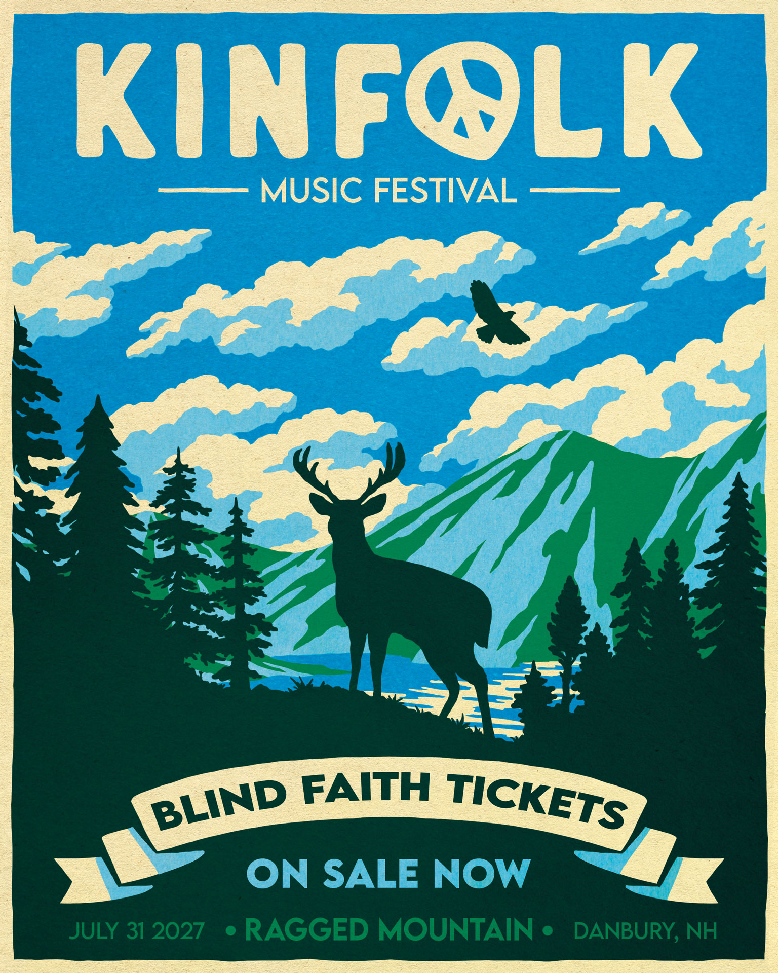 Kinfolk Music Festival poster of a deer above a mountain lake: Blind Faith tickets on sale now, July 31, 2027, Ragged Mountain, Danbury, NH