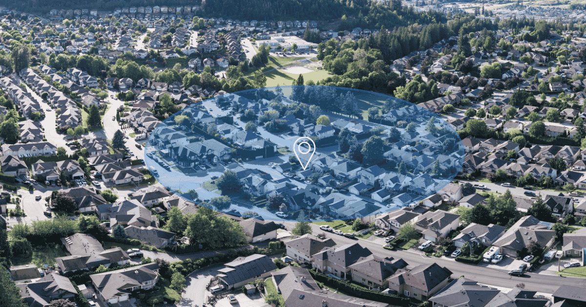 Proximity targeting illustrated as a blue radius around a location pin, encompassing the households in a suburban neighborhood.