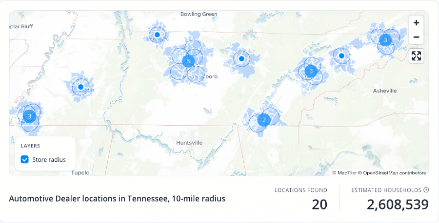 Blockgraph Proximity Targeting map showing one auto brand’s 20 dealer locations across Tennessee, each with a 10-mile radius.