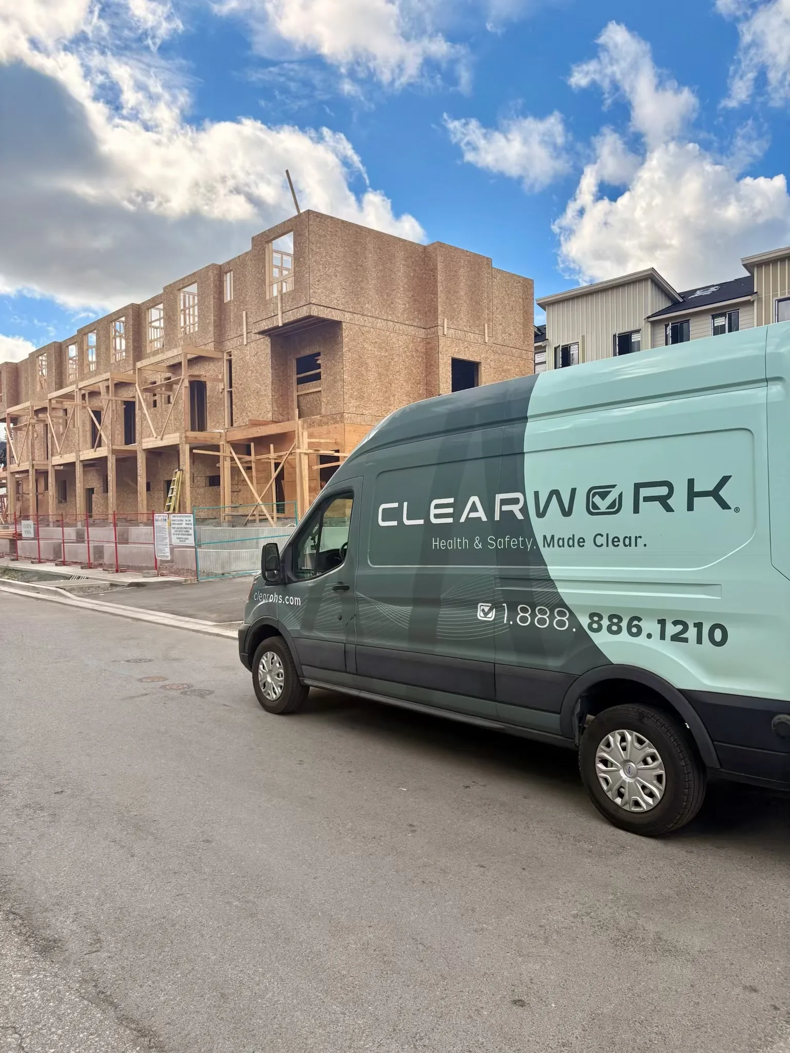 Clear Work mobile testing van at a townhouse construction site