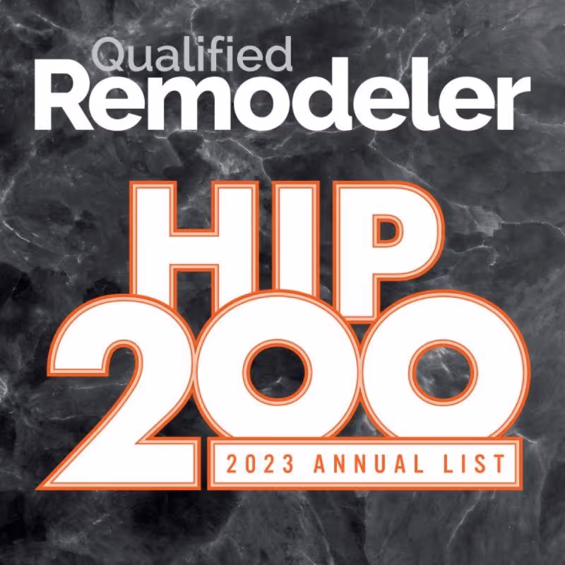 Qualified Remodeler HIP 200 2023 Annual List logo on a dark marble background.