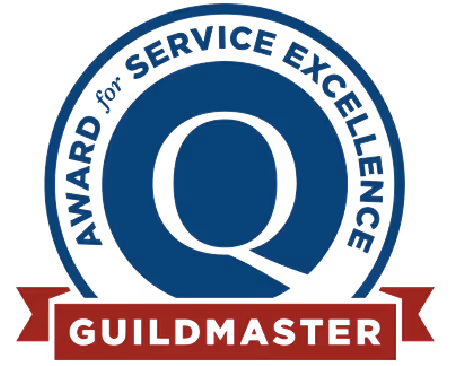 Blue circular badge with the text 'Award for Service Excellence' and a red banner reading 'Guildmaster'.