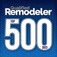 Qualified Remodeler Top 500 2023 badge with a blue patterned background.