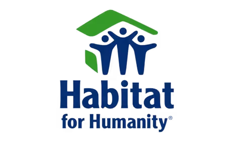 Habitat for Humanity logo featuring three blue human figures under a green stylized house roof.