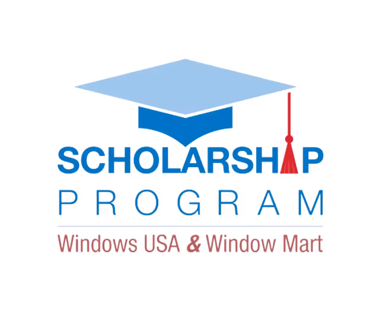 Scholarship Program logo featuring a blue graduation cap with tassel and text 'Scholarship Program Windows USA & Window Mart.'