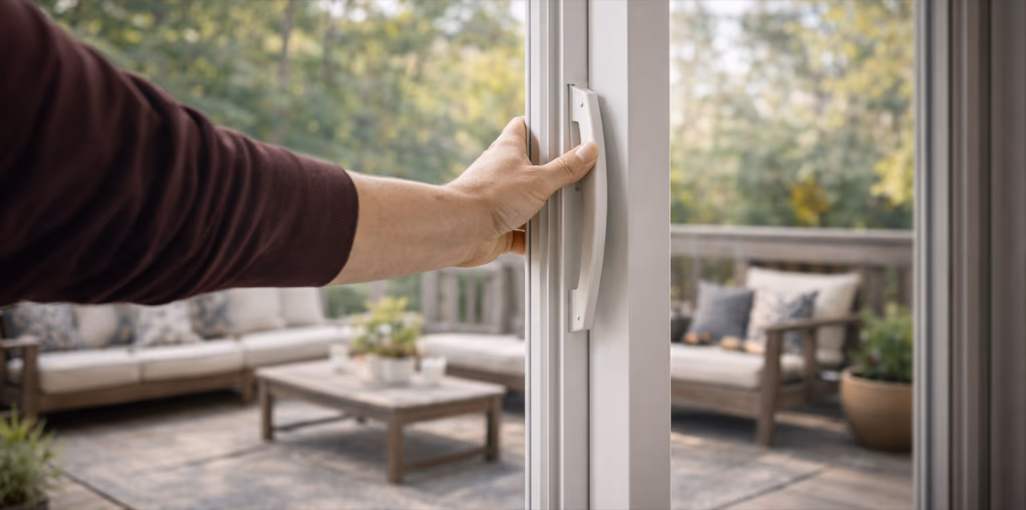 Hand opening a white sliding door leading to an outdoor patio with cushioned seating and a coffee table.
