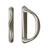 Silver metal D-shaped door handle with matching plate shown from side and front views.