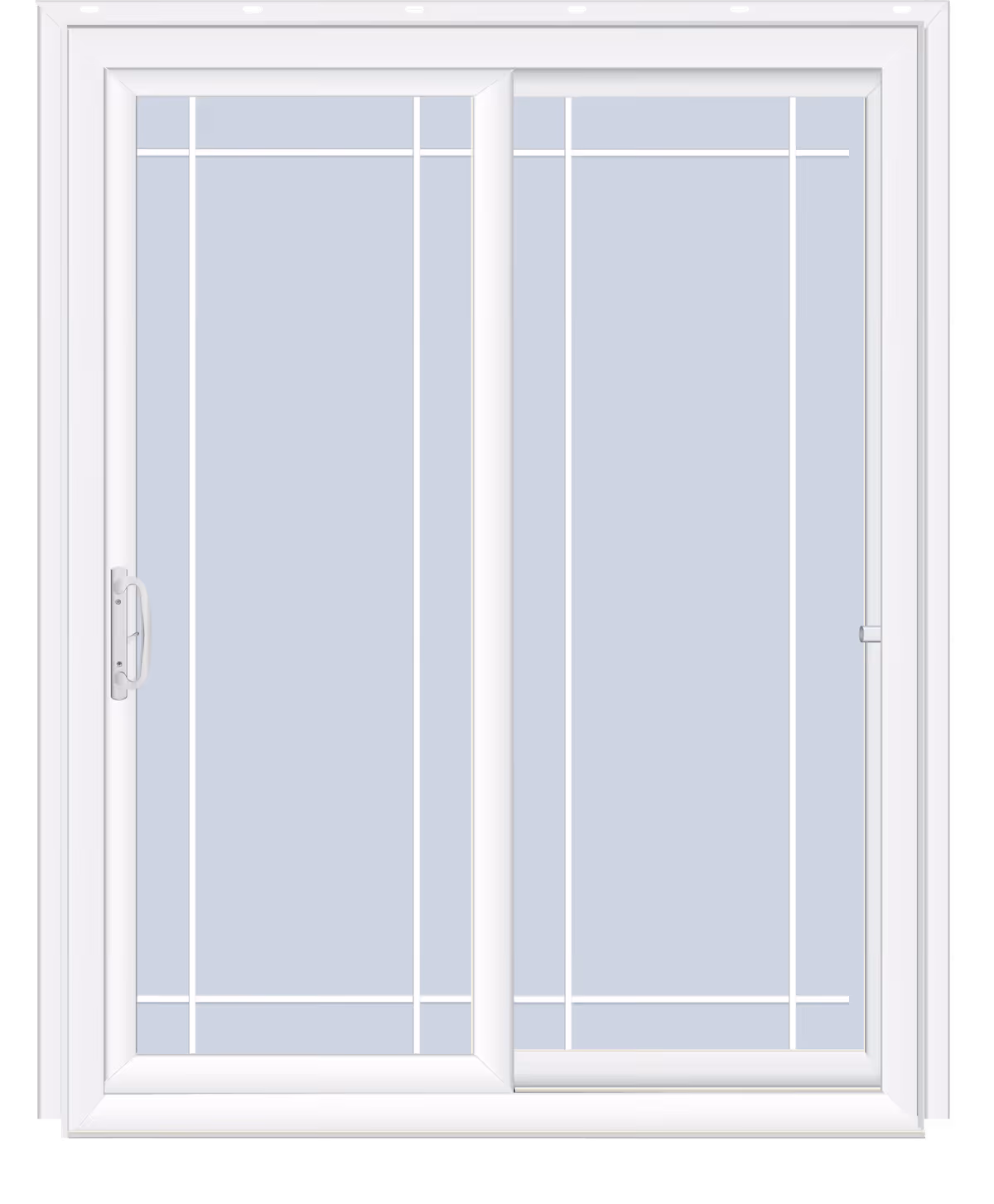 White sliding glass patio door with decorative grid pattern on the glass panels.