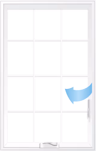 White casement window with multiple panes opening outward to the right, indicated by a blue curved arrow.