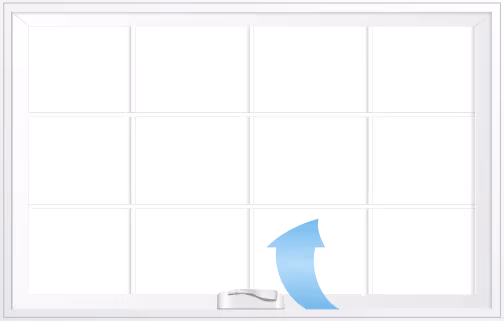 White window with multiple panes and a handle at the bottom center, with a blue upward arrow indicating opening direction.