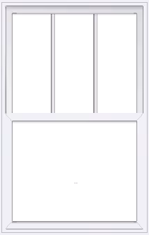 White sash window with three upper vertical panes and one larger lower pane.