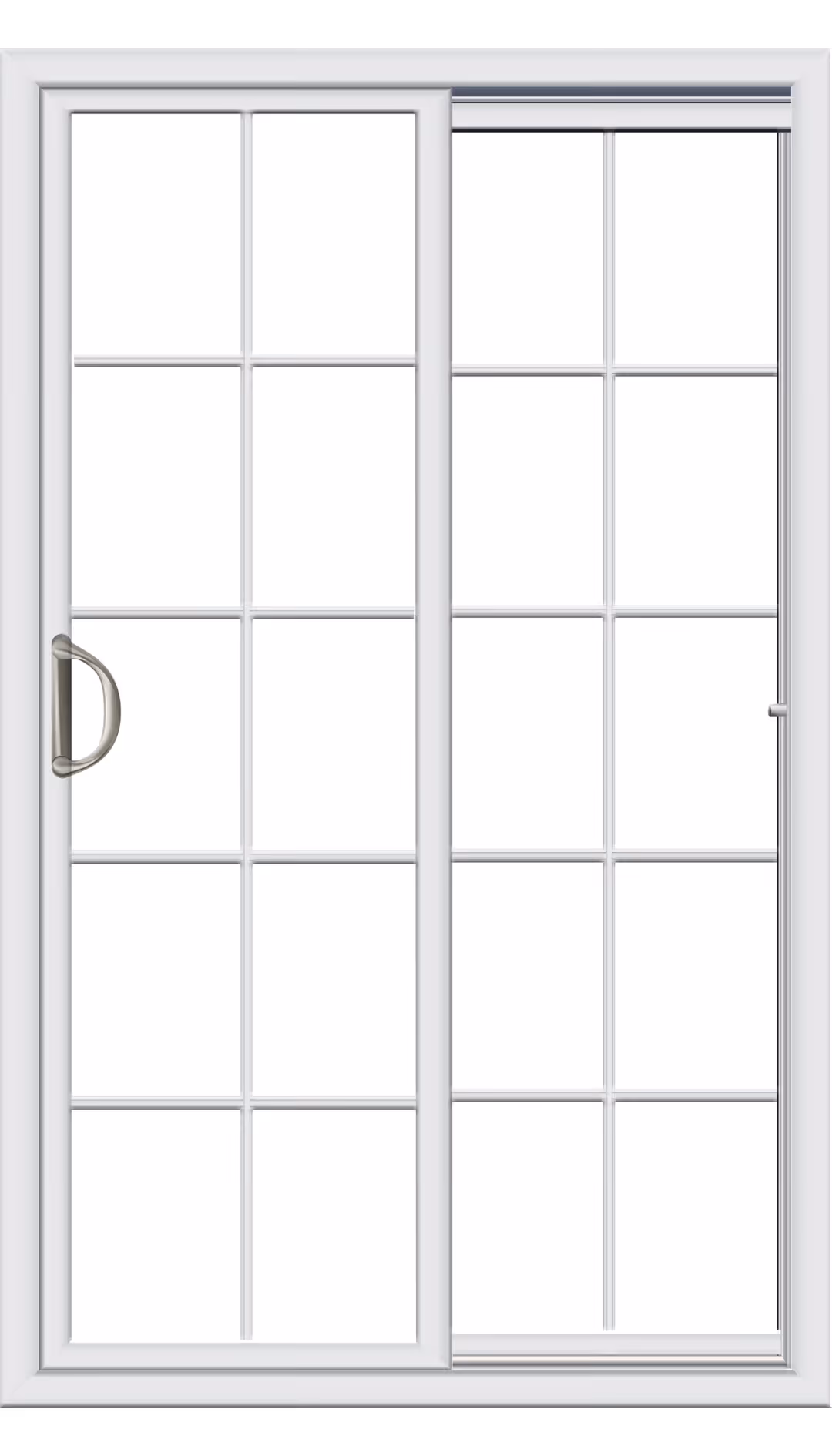 White sliding patio door with glass panes in a grid pattern and metal handle on the left panel.