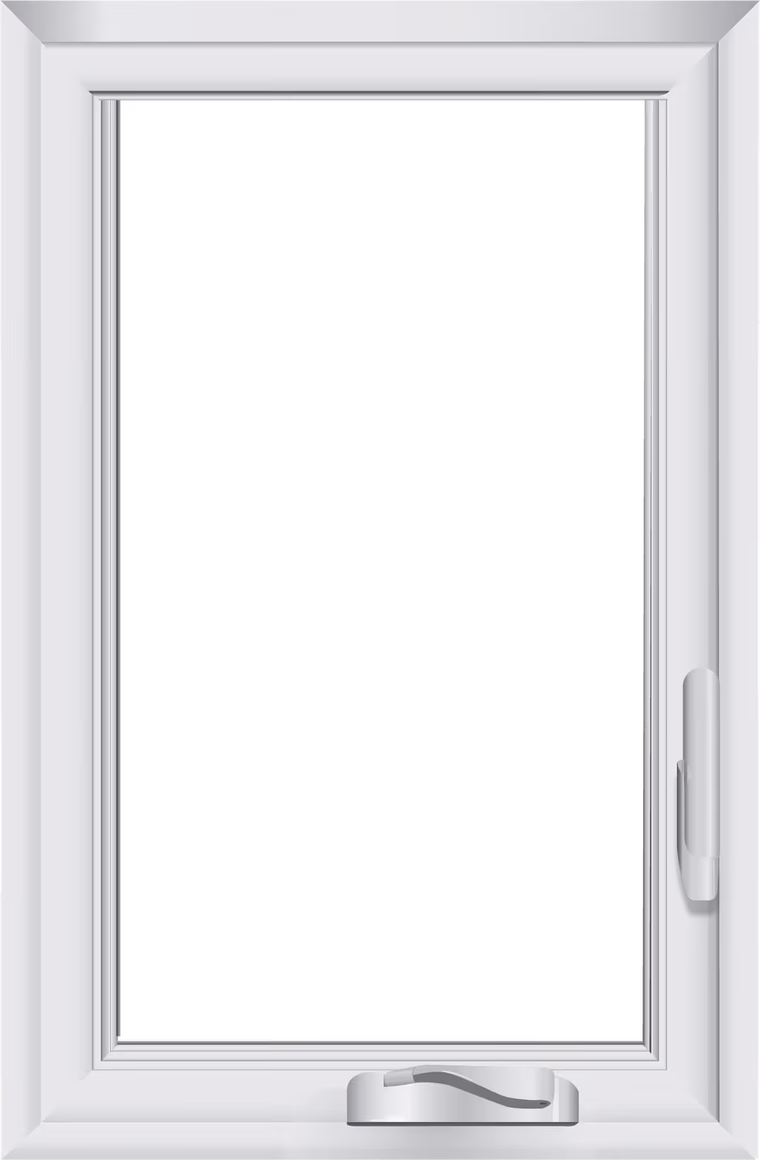 White casement window with a handle at the bottom and a locking mechanism on the right side.
