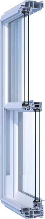 Cross-section of a double hung window showing the frame, two vertically sliding sashes, and glass panes.