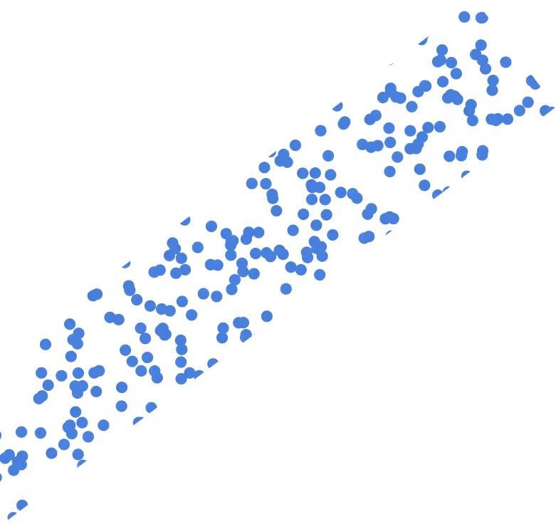 Diagonal arrangement of small blue dots scattered on a transparent background.