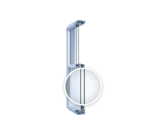 Cross-section of a double-glazed window frame highlighting the two glass panes.