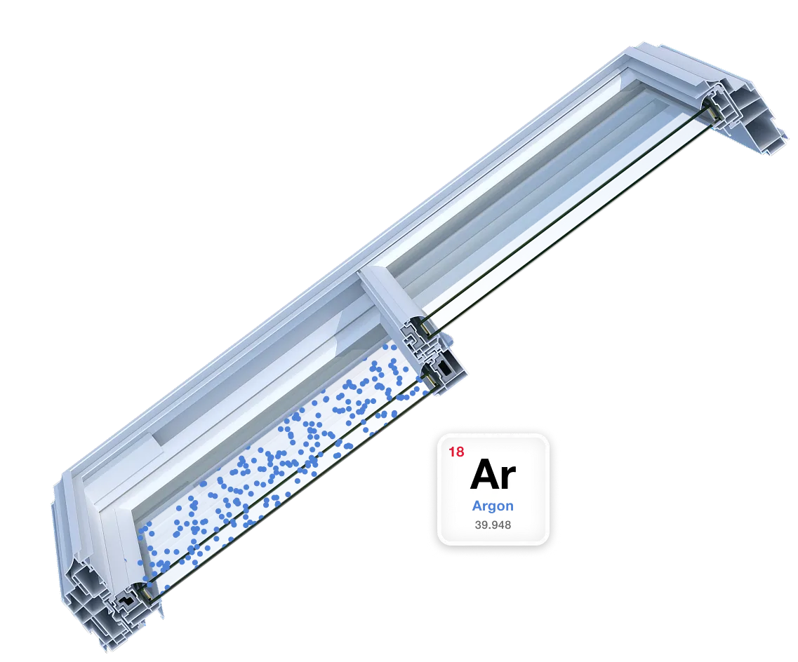 Cross-section of a double-glazed window filled with argon gas, showing argon molecules between the glass panes.