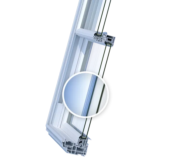 Cross-sectional view of a white PVC window frame with double-glazed glass and a magnified inset showing the glass edge detail.