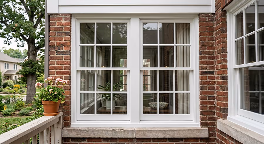 White-framed double windows on a brick house with potted pink flowers on the railing outside.
